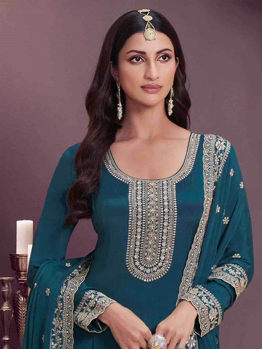 Teal Blue Chinon Embroidered Festival Wedding Anarkali Salwar Kameez