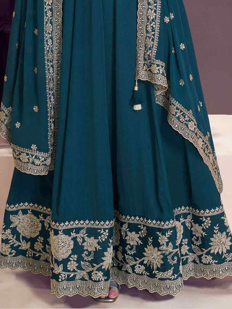 Teal Blue Chinon Embroidered Festival Wedding Anarkali Salwar Kameez