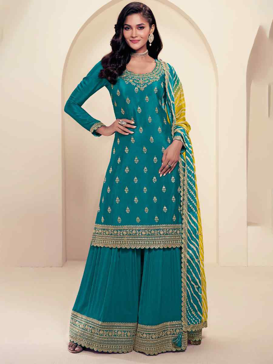 Teal Blue Chinon Embroidered Festival Wedding Palazzo Pant Salwar Kameez
