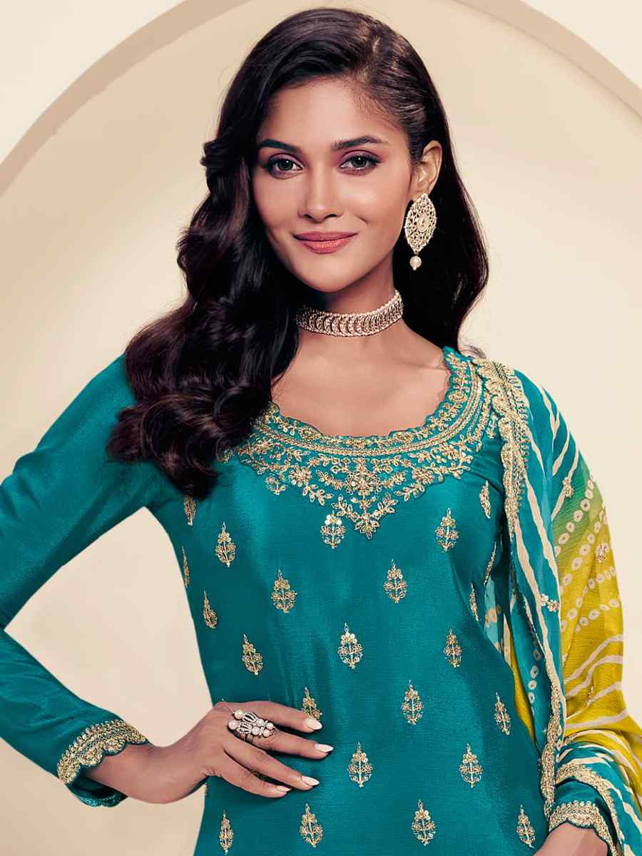 Teal Blue Chinon Embroidered Festival Wedding Palazzo Pant Salwar Kameez