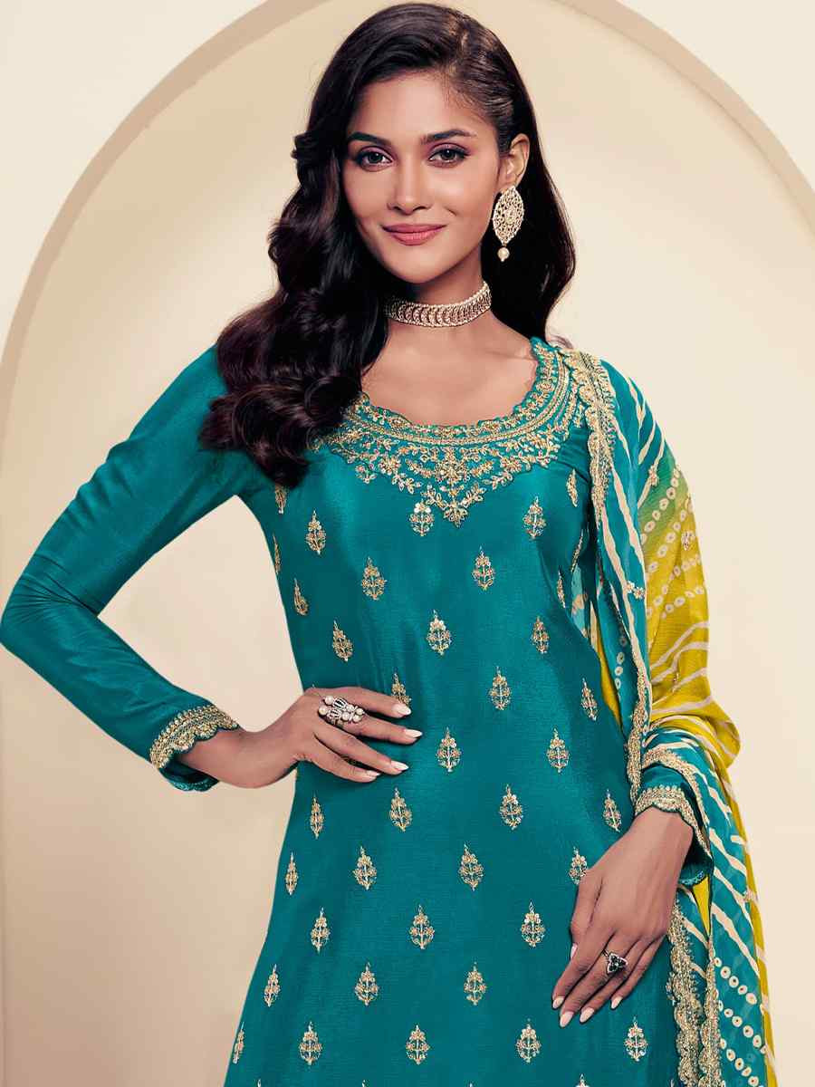 Teal Blue Chinon Embroidered Festival Wedding Palazzo Pant Salwar Kameez