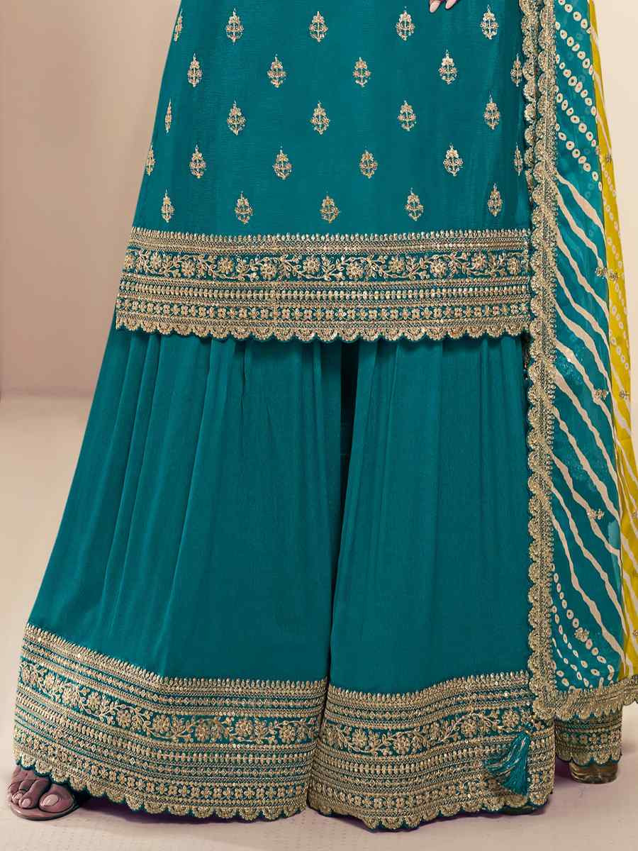 Teal Blue Chinon Embroidered Festival Wedding Palazzo Pant Salwar Kameez