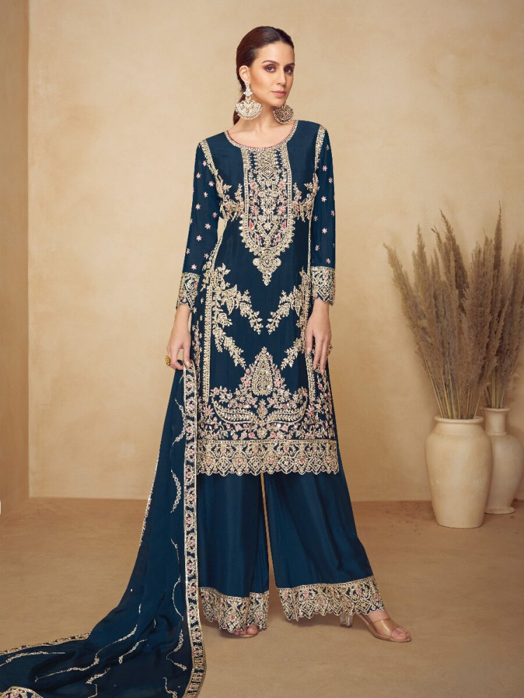 Image of Teal Blue Chinon Embroidery Wedding Party Festival Casual Palazzo Pant Salwar Kameez