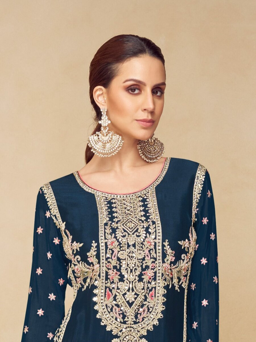 Teal Blue Chinon Embroidery Wedding Party Festival Casual Palazzo Pant Salwar Kameez