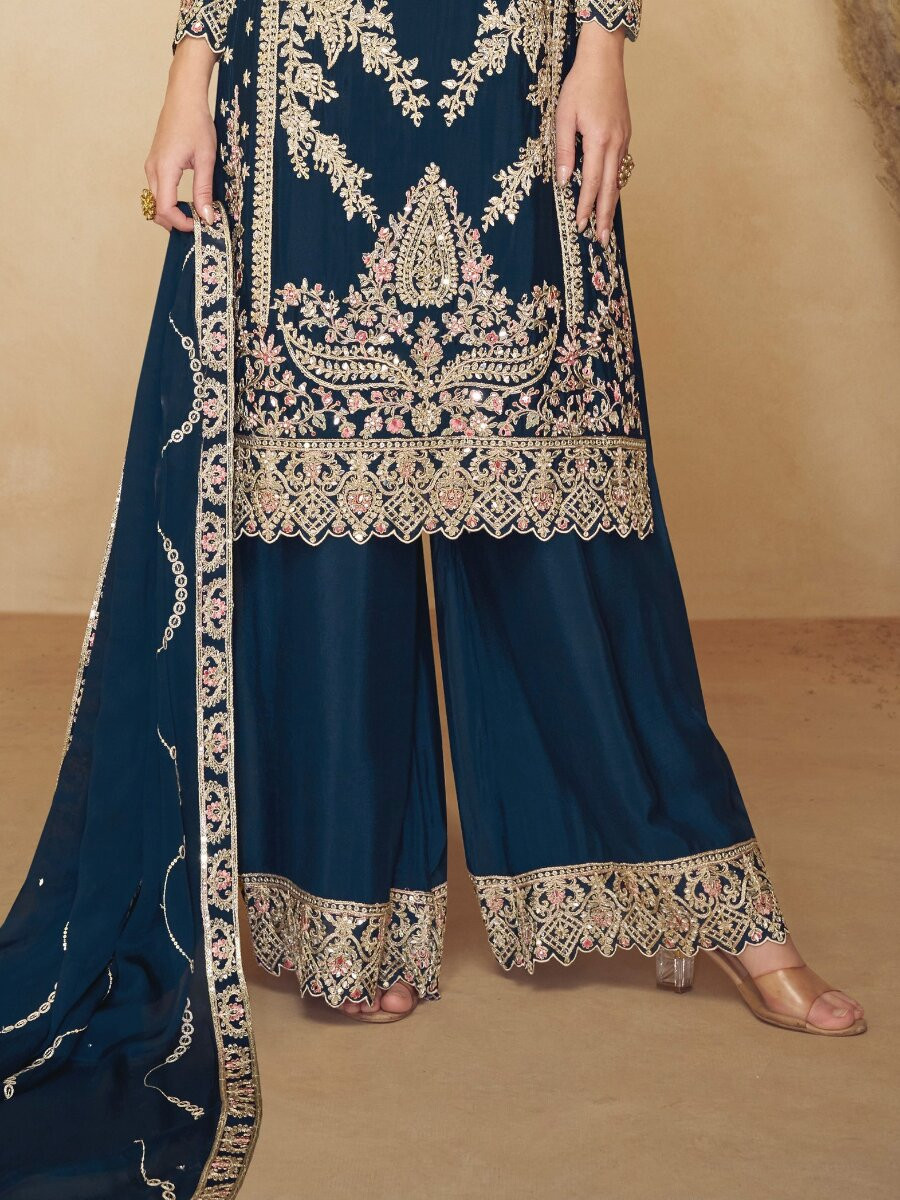 Teal Blue Chinon Embroidery Wedding Party Festival Casual Palazzo Pant Salwar Kameez