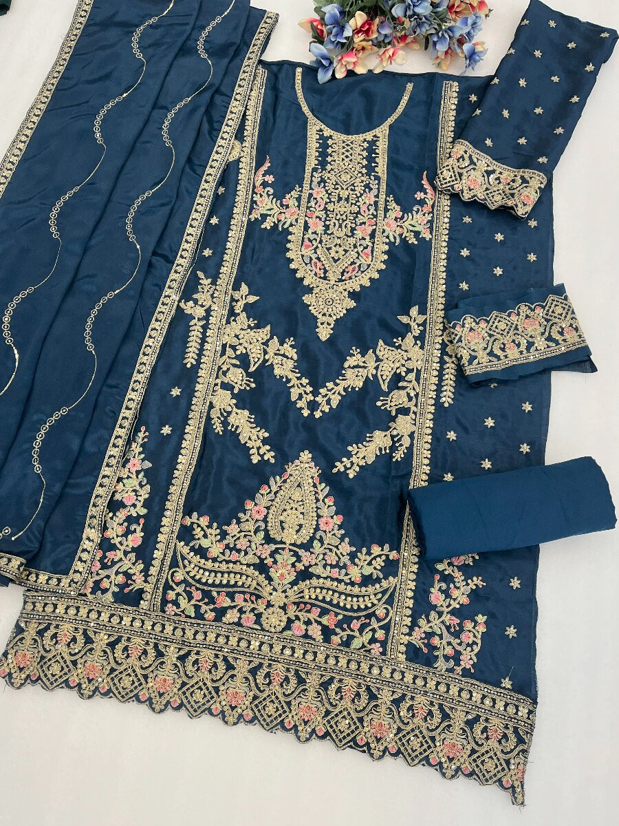 Teal Blue Chinon Embroidery Wedding Party Festival Casual Palazzo Pant Salwar Kameez