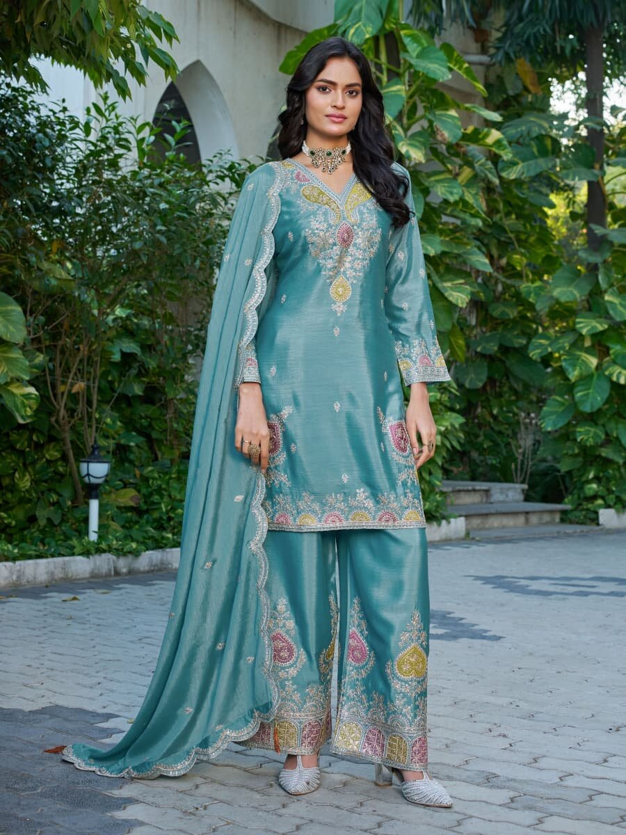 Teal Blue Chinon Embroidery Zari Sequins Wedding Party Festival Casual Palazzo Pant Salwar Kameez