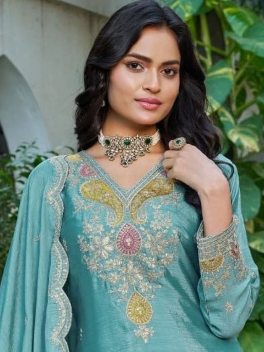Teal Blue Chinon Embroidery Zari Sequins Wedding Party Festival Casual Palazzo Pant Salwar Kameez