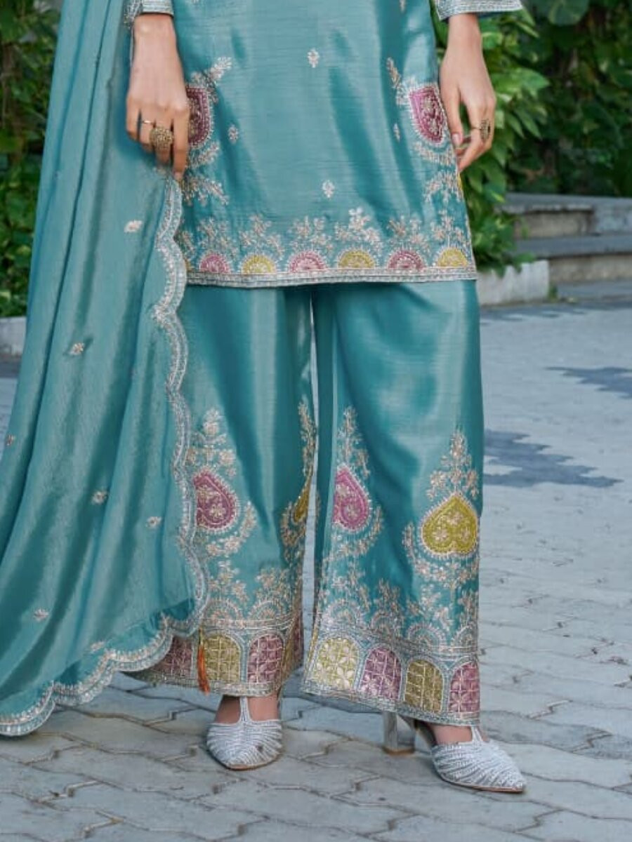 Teal Blue Chinon Embroidery Zari Sequins Wedding Party Festival Casual Palazzo Pant Salwar Kameez