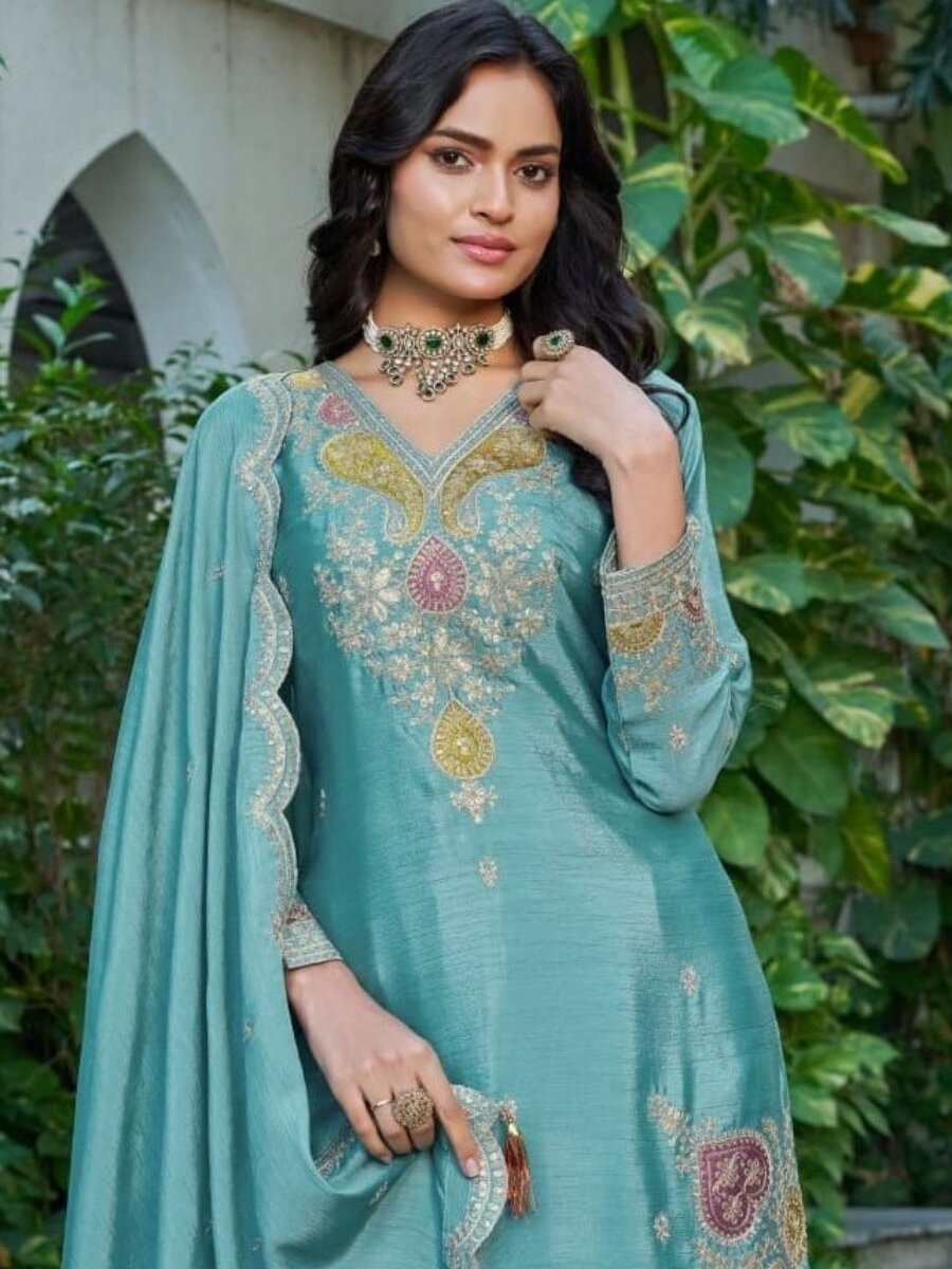 Teal Blue Chinon Embroidery Zari Sequins Wedding Party Festival Casual Palazzo Pant Salwar Kameez
