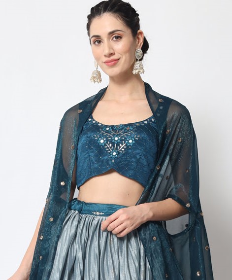 Teal Blue Chinon Silk Embroidered Festival Party Wear Heavy Border Lehenga Choli
