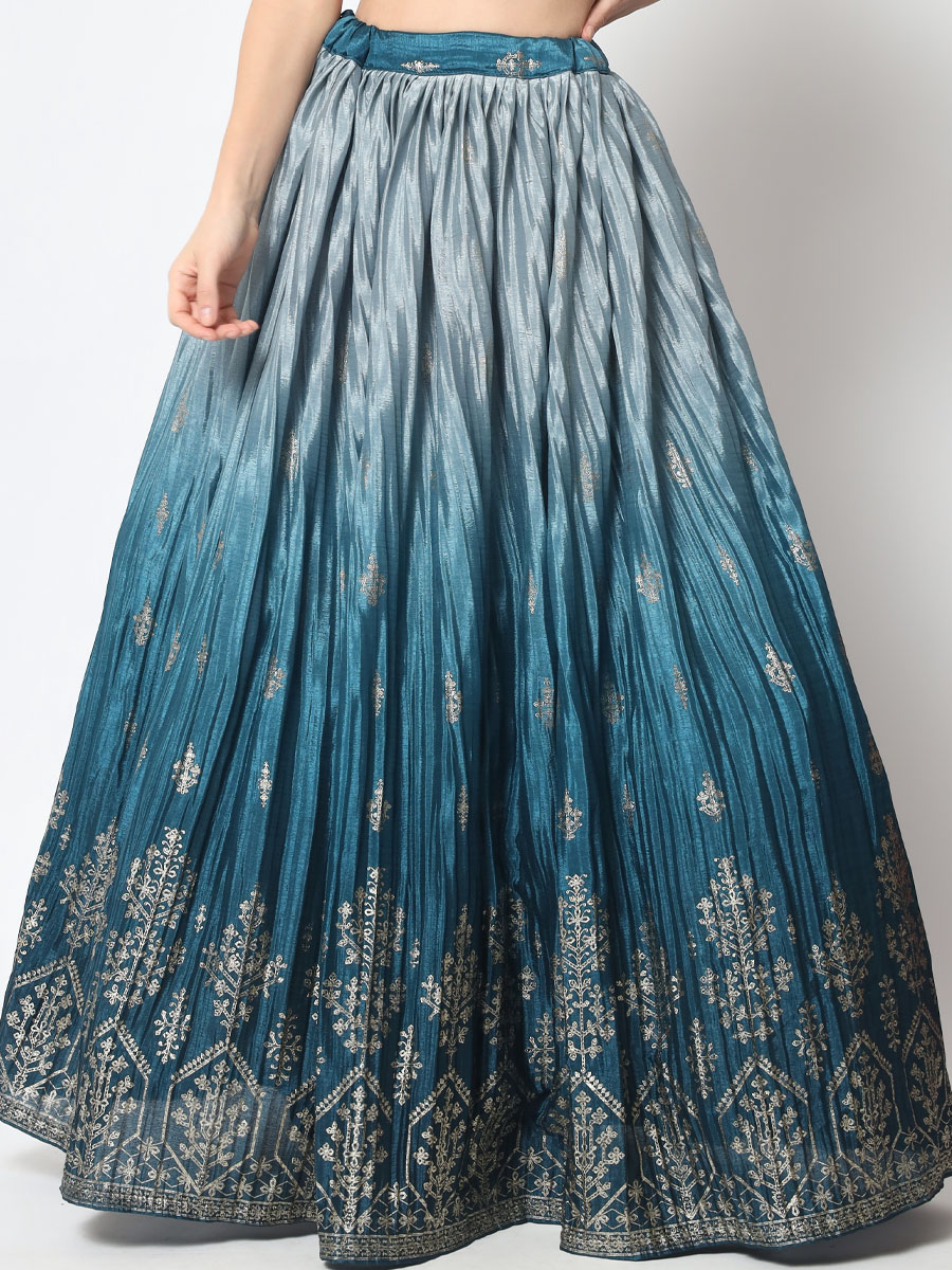 Teal Blue Chinon Silk Embroidered Festival Party Wear Heavy Border Lehenga Choli