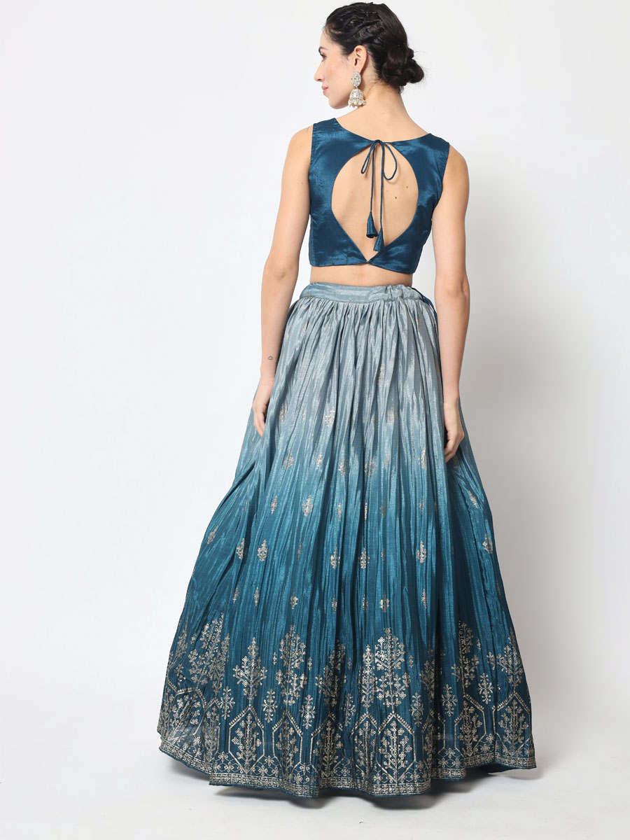 Teal Blue Chinon Silk Embroidered Festival Party Wear Heavy Border Lehenga Choli