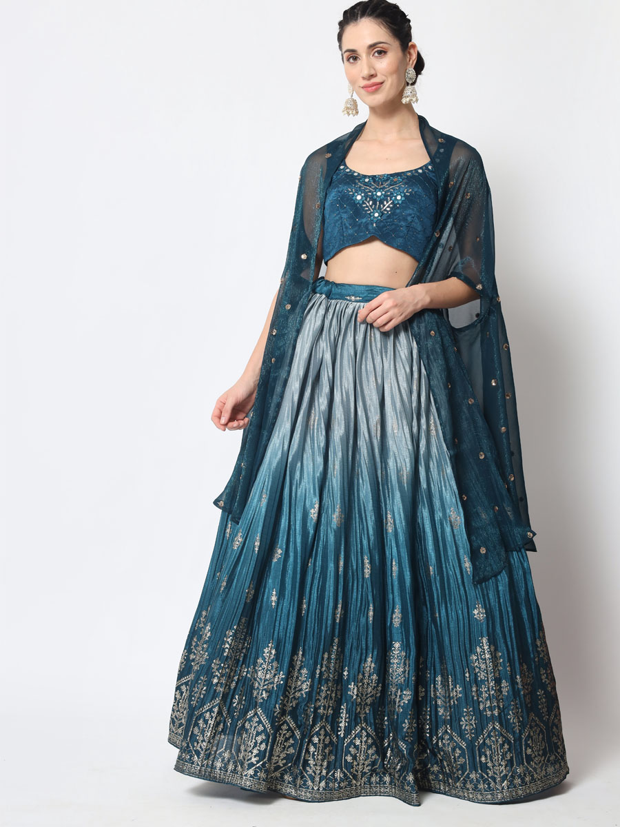 Teal Blue Chinon Silk Embroidered Festival Party Wear Heavy Border Lehenga Choli