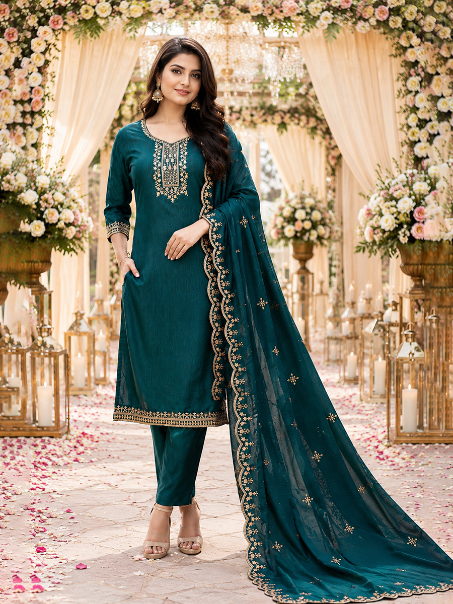 Teal Blue Cotton Blend Embroidery Wedding Party Festival Casual Ready Pant Salwar Kameez