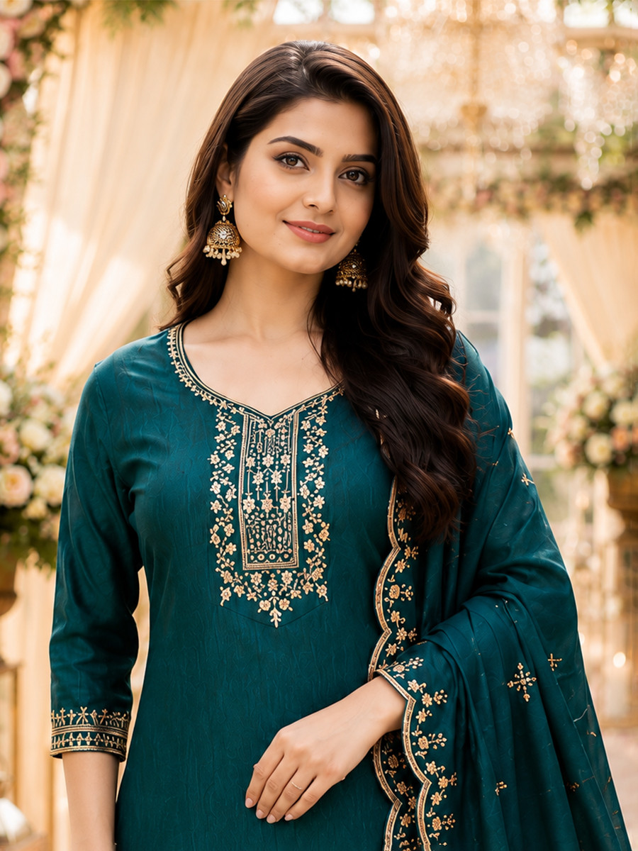 Teal Blue Cotton Blend Embroidery Wedding Party Festival Casual Ready Pant Salwar Kameez