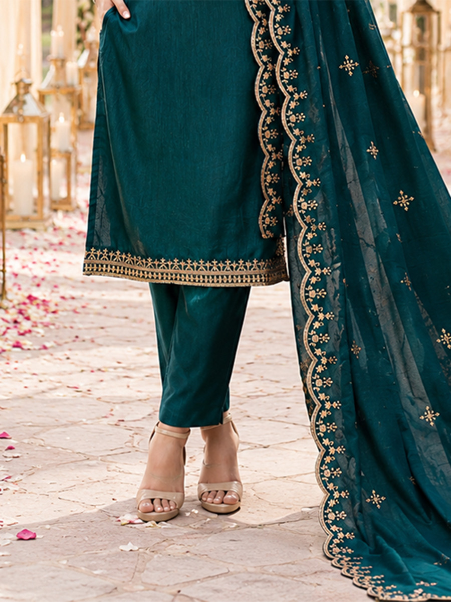 Teal Blue Cotton Blend Embroidery Wedding Party Festival Casual Ready Pant Salwar Kameez