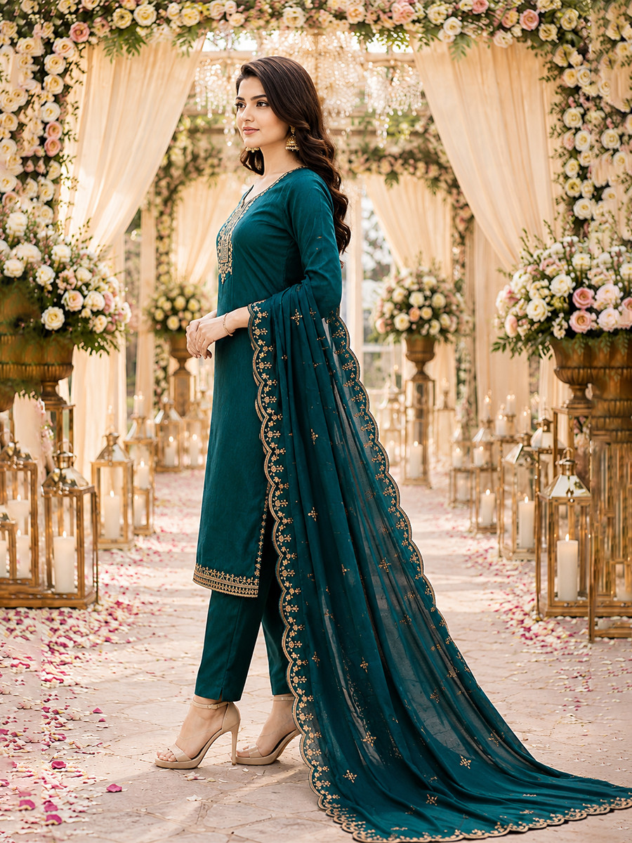 Teal Blue Cotton Blend Embroidery Wedding Party Festival Casual Ready Pant Salwar Kameez