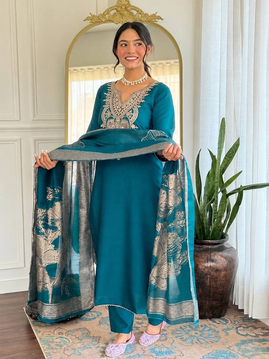 Teal Blue Cotton Blend Embroidery Zari Sequins Wedding Festival Casual Ready Pant Salwar Kameez