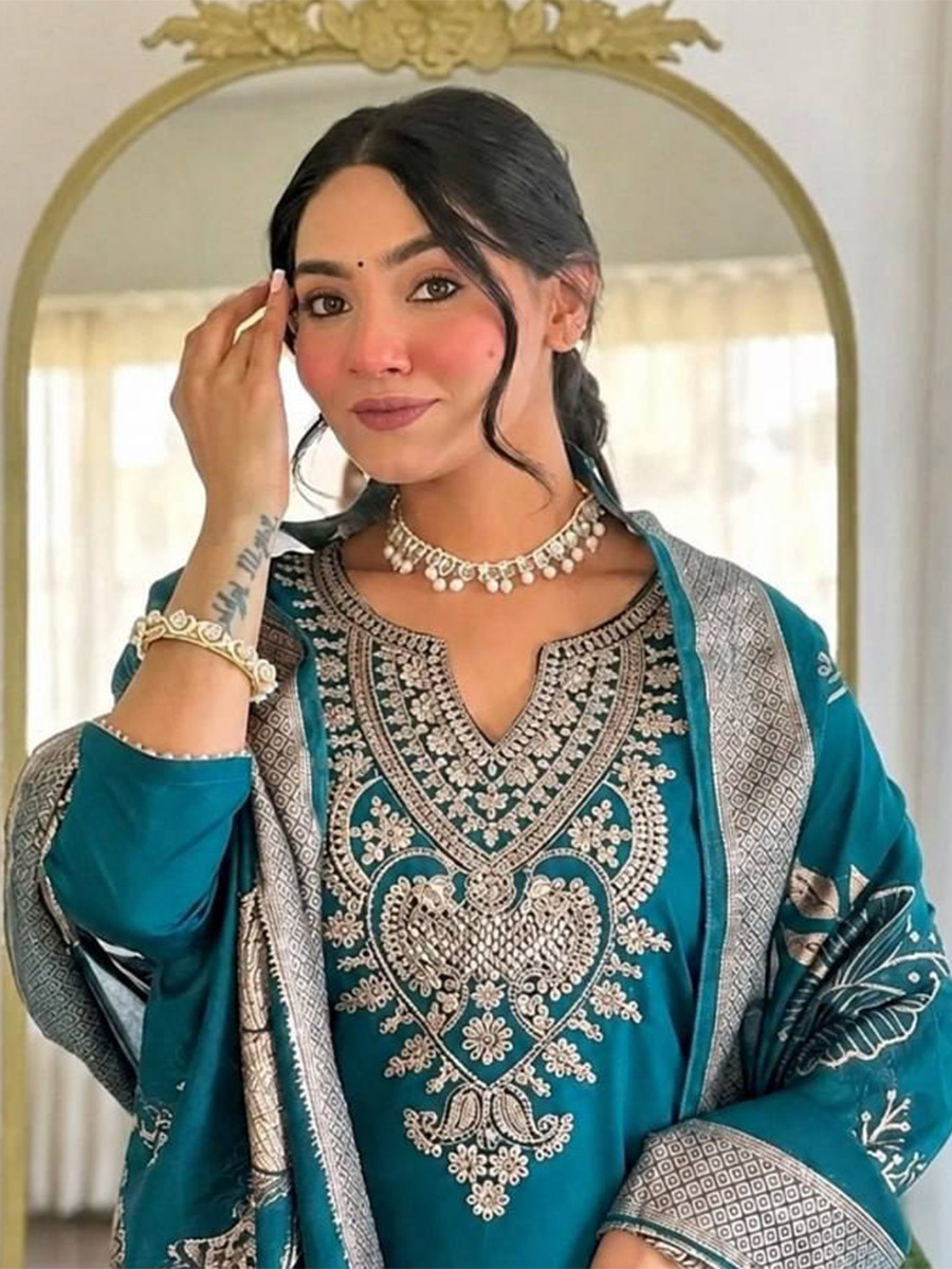 Teal Blue Cotton Blend Embroidery Zari Sequins Wedding Festival Casual Ready Pant Salwar Kameez