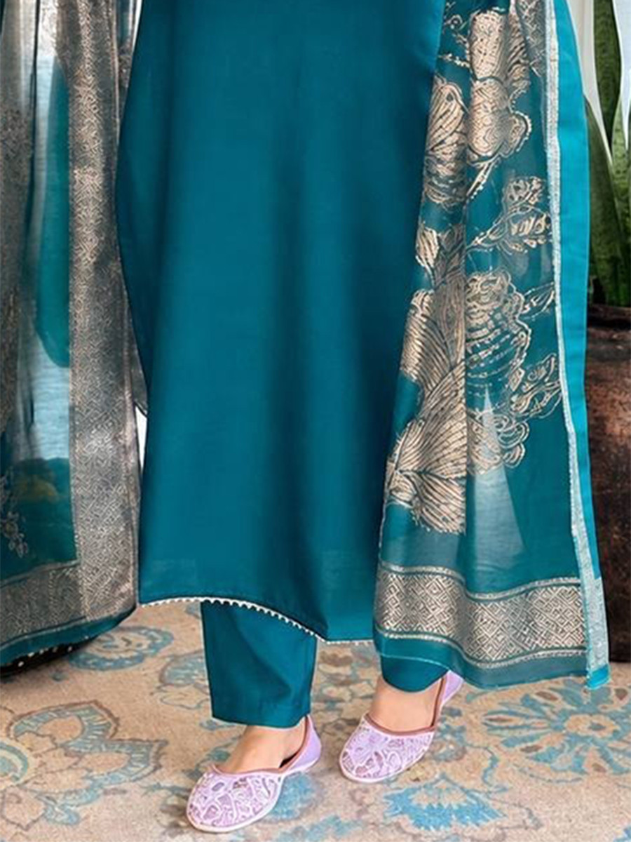 Teal Blue Cotton Blend Embroidery Zari Sequins Wedding Festival Casual Ready Pant Salwar Kameez