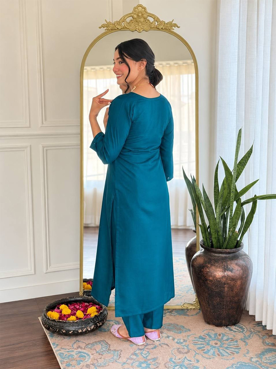 Teal Blue Cotton Blend Embroidery Zari Sequins Wedding Festival Casual Ready Pant Salwar Kameez