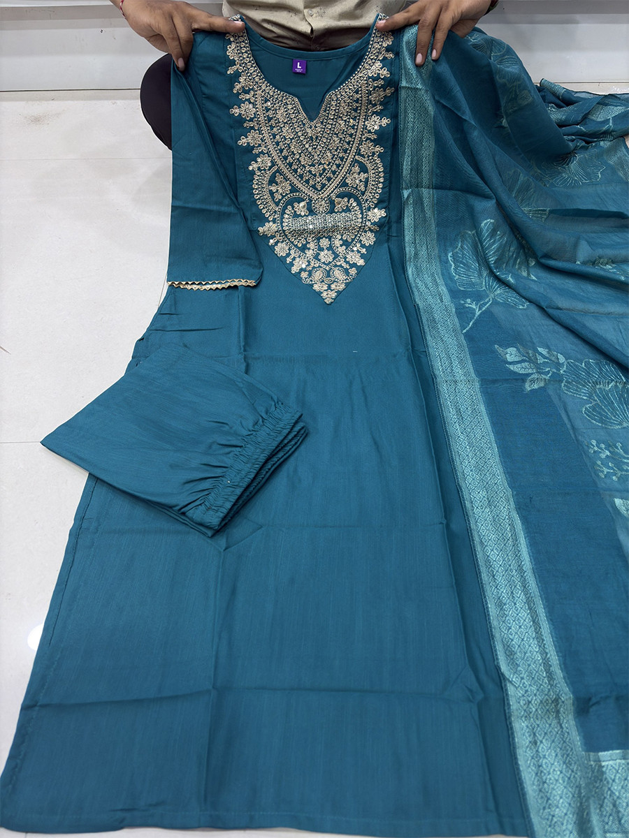 Teal Blue Cotton Blend Embroidery Zari Sequins Wedding Festival Casual Ready Pant Salwar Kameez