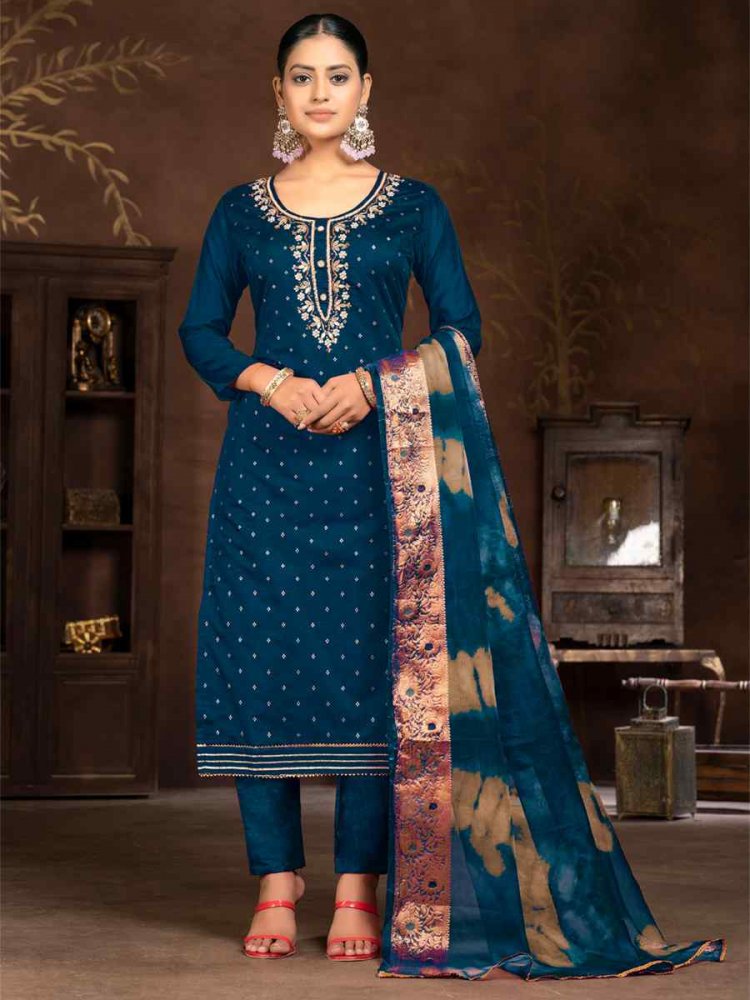 Teal Blue Cotton Jacquard Embroidered Casual Festival Pant Salwar Kameez