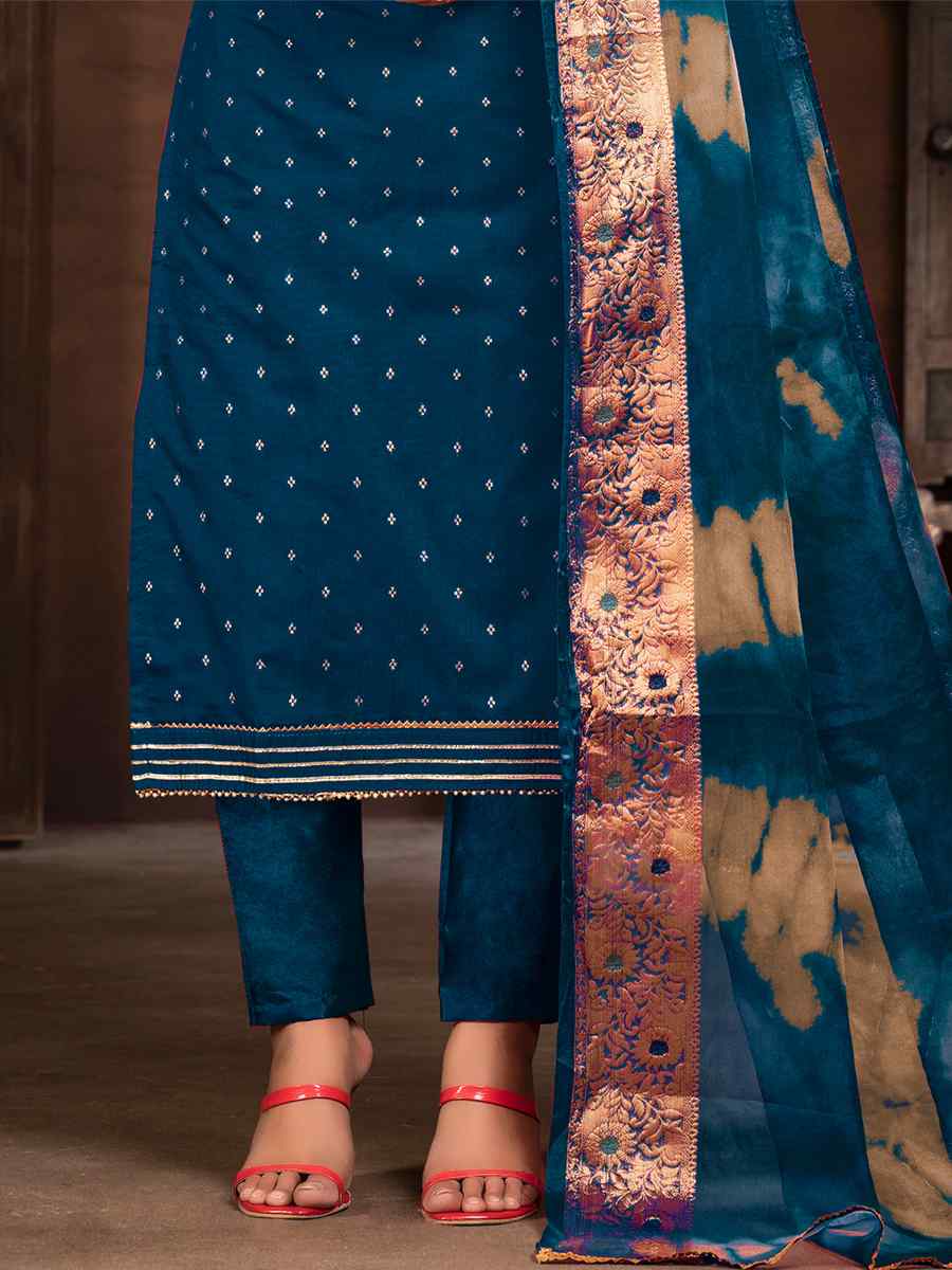 Teal Blue Cotton Jacquard Embroidered Casual Festival Pant Salwar Kameez