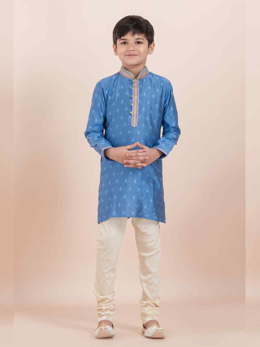 Teal Blue Cotton Self Jacquard Embroidered Festival Traditional Kurta Pyjama Boys Wear