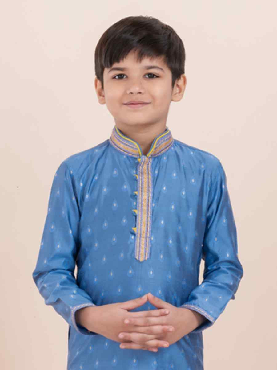 Teal Blue Cotton Self Jacquard Embroidered Festival Traditional Kurta Pyjama Boys Wear