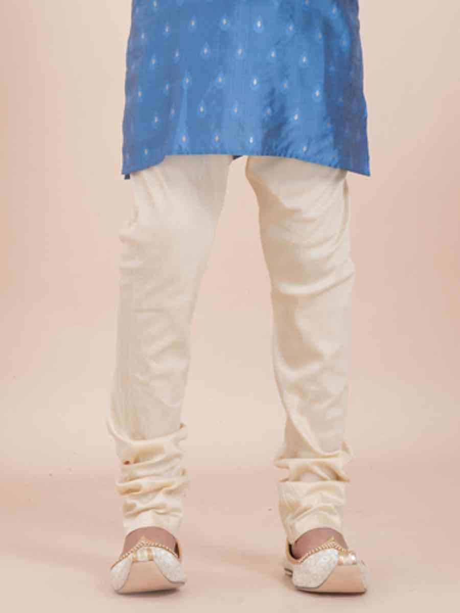 Teal Blue Cotton Self Jacquard Embroidered Festival Traditional Kurta Pyjama Boys Wear