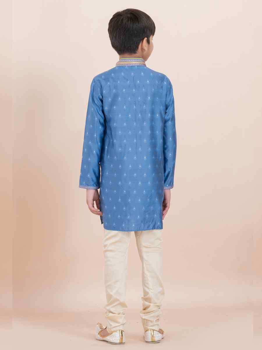 Teal Blue Cotton Self Jacquard Embroidered Festival Traditional Kurta Pyjama Boys Wear