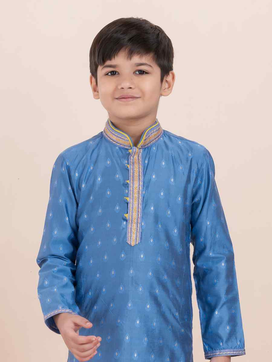 Teal Blue Cotton Self Jacquard Embroidered Festival Traditional Kurta Pyjama Boys Wear