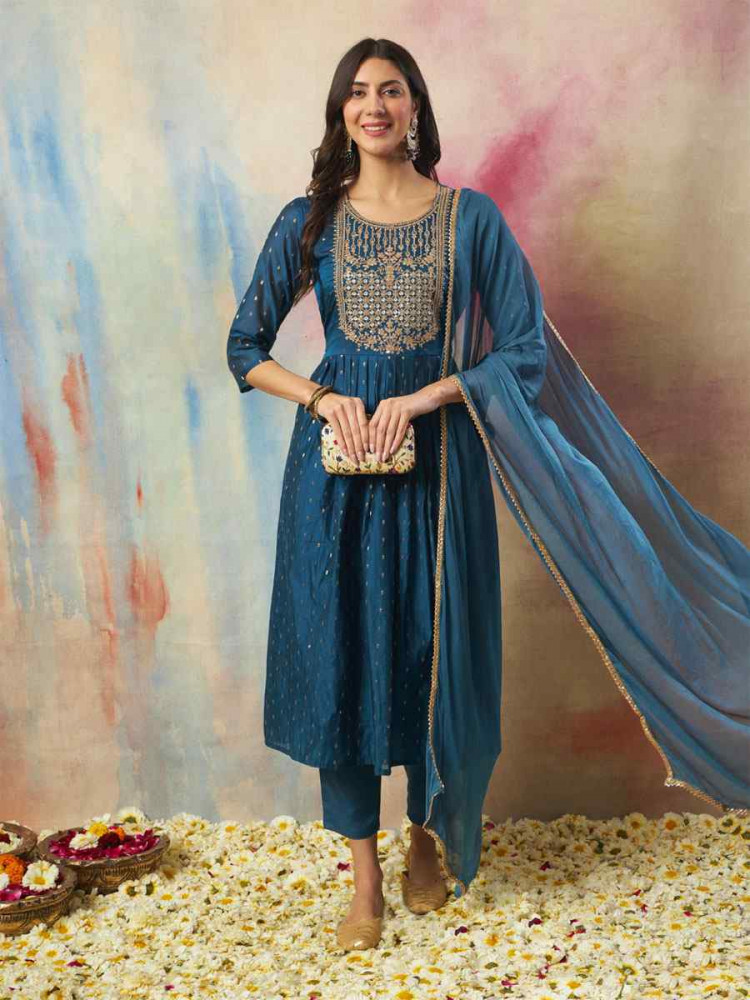 Image of Teal Blue Cotton Silk Embroidery Party Wedding Festival Casual Ready Pant Salwar Kameez