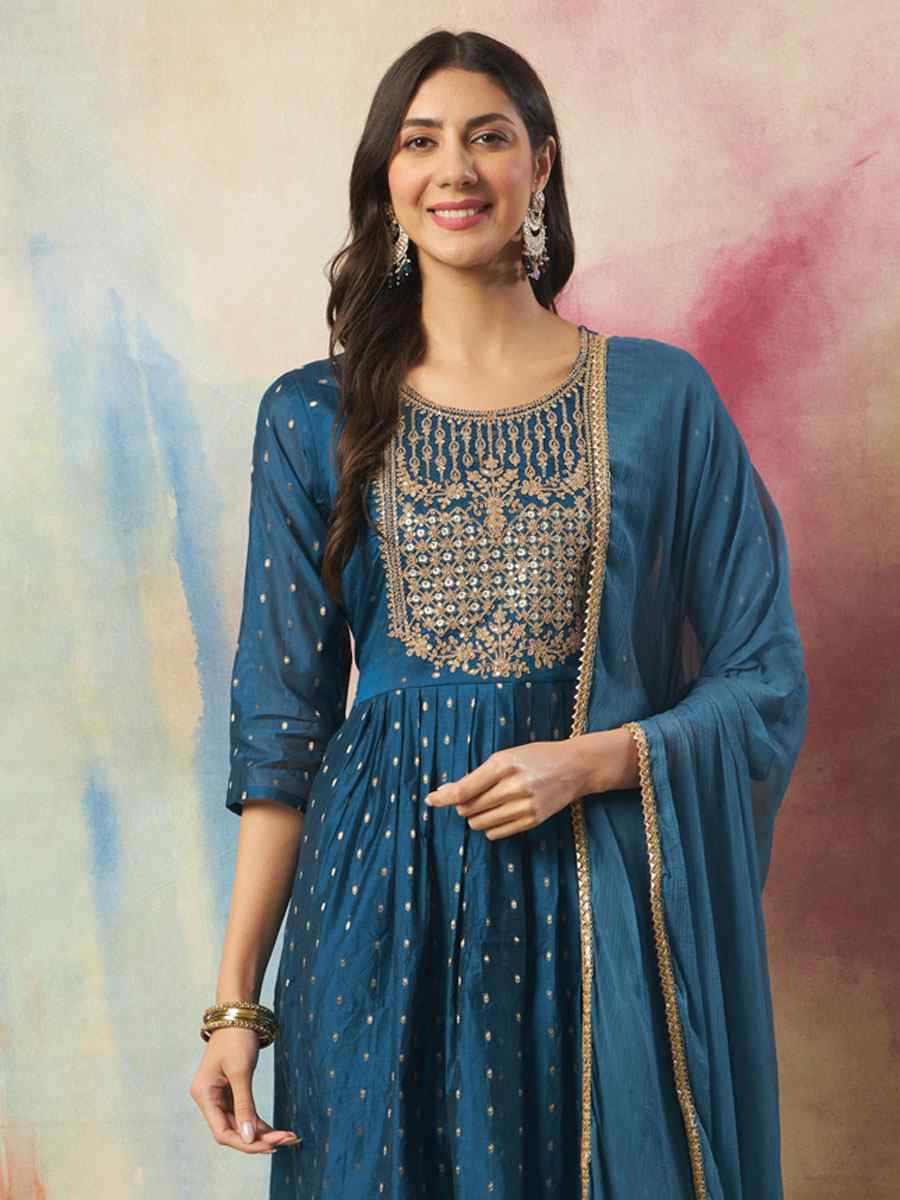 Teal Blue Cotton Silk Embroidery Party Wedding Festival Casual Ready Pant Salwar Kameez
