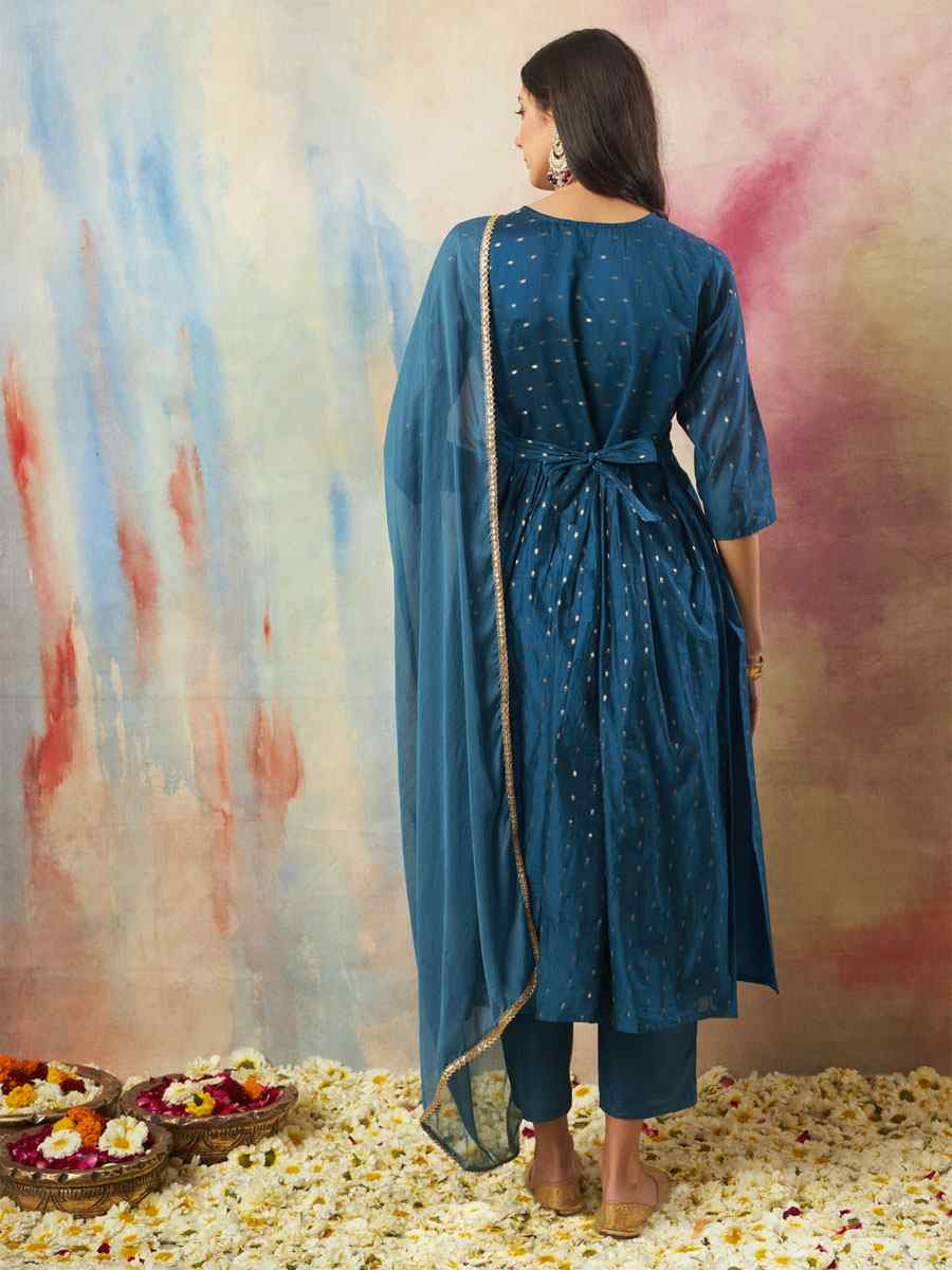 Teal Blue Cotton Silk Embroidery Party Wedding Festival Casual Ready Pant Salwar Kameez