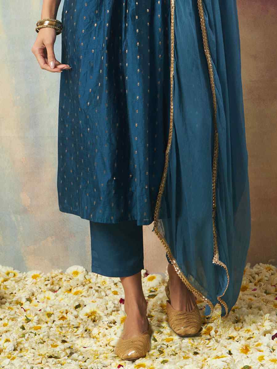 Teal Blue Cotton Silk Embroidery Party Wedding Festival Casual Ready Pant Salwar Kameez