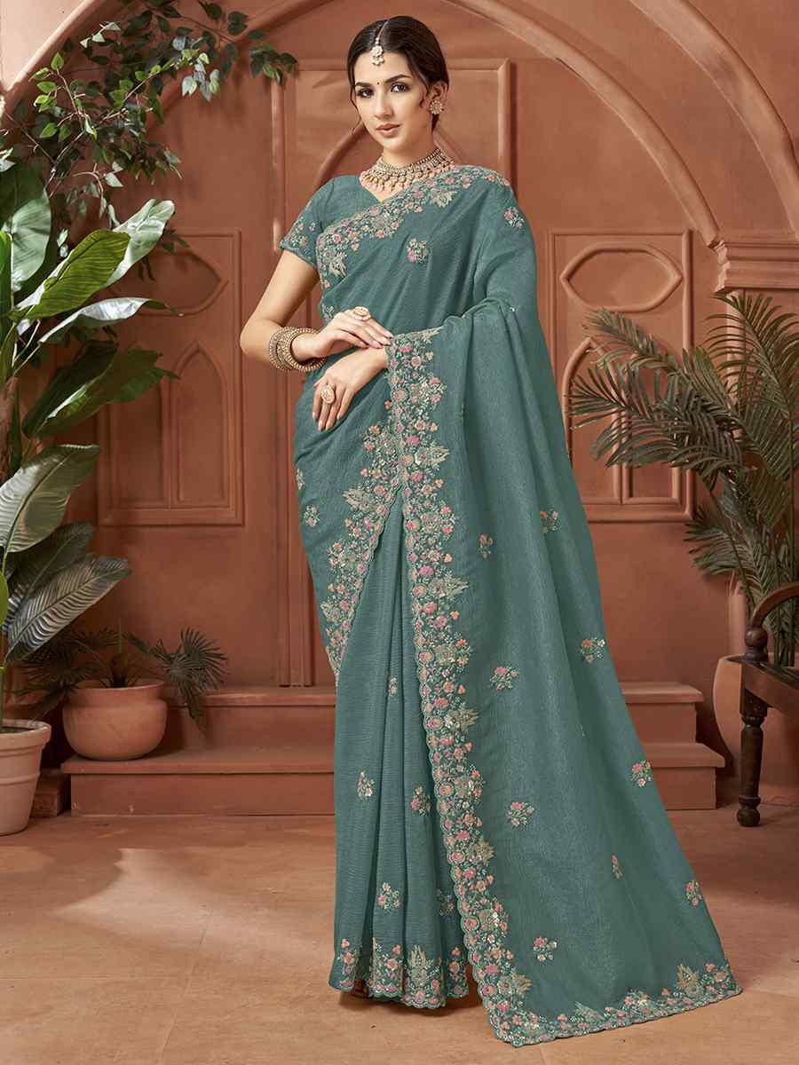 Teal Blue Crush Silk Embroidery Traditional Bridal Reception Festival Wedding Fancy Heavy Border Sarees