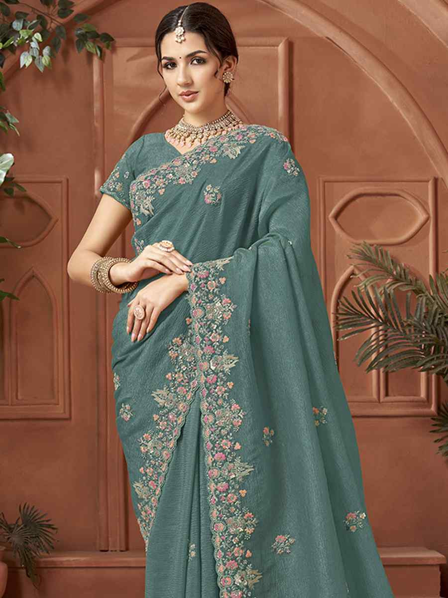 Teal Blue Crush Silk Embroidery Traditional Bridal Reception Festival Wedding Fancy Heavy Border Sarees