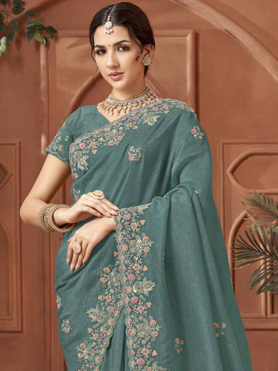 Teal Blue Crush Silk Embroidery Traditional Bridal Reception Festival Wedding Fancy Heavy Border Sarees