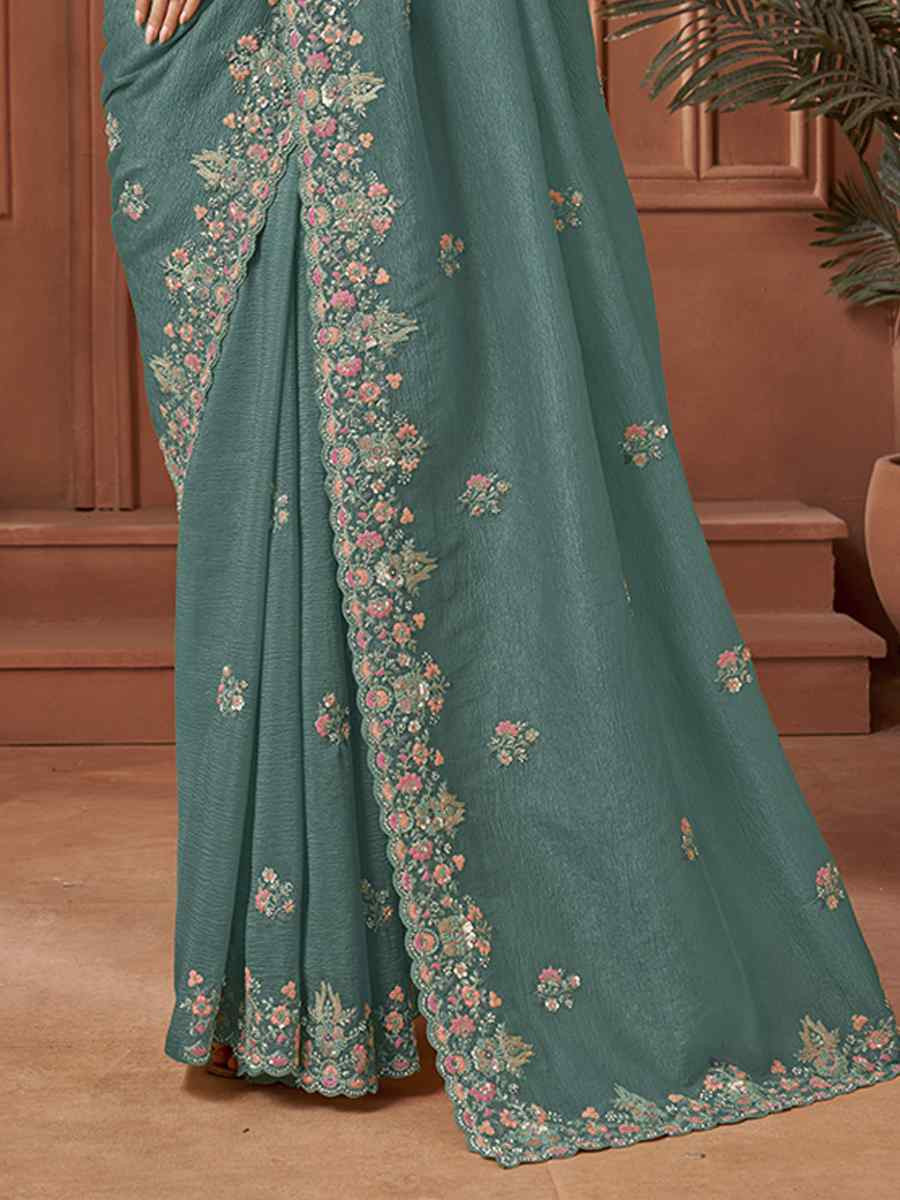 Teal Blue Crush Silk Embroidery Traditional Bridal Reception Festival Wedding Fancy Heavy Border Sarees