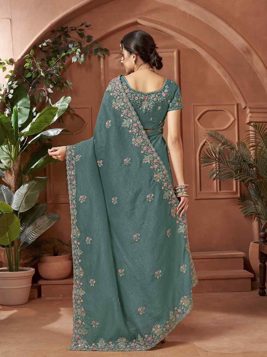 Teal Blue Crush Silk Embroidery Traditional Bridal Reception Festival Wedding Fancy Heavy Border Sarees