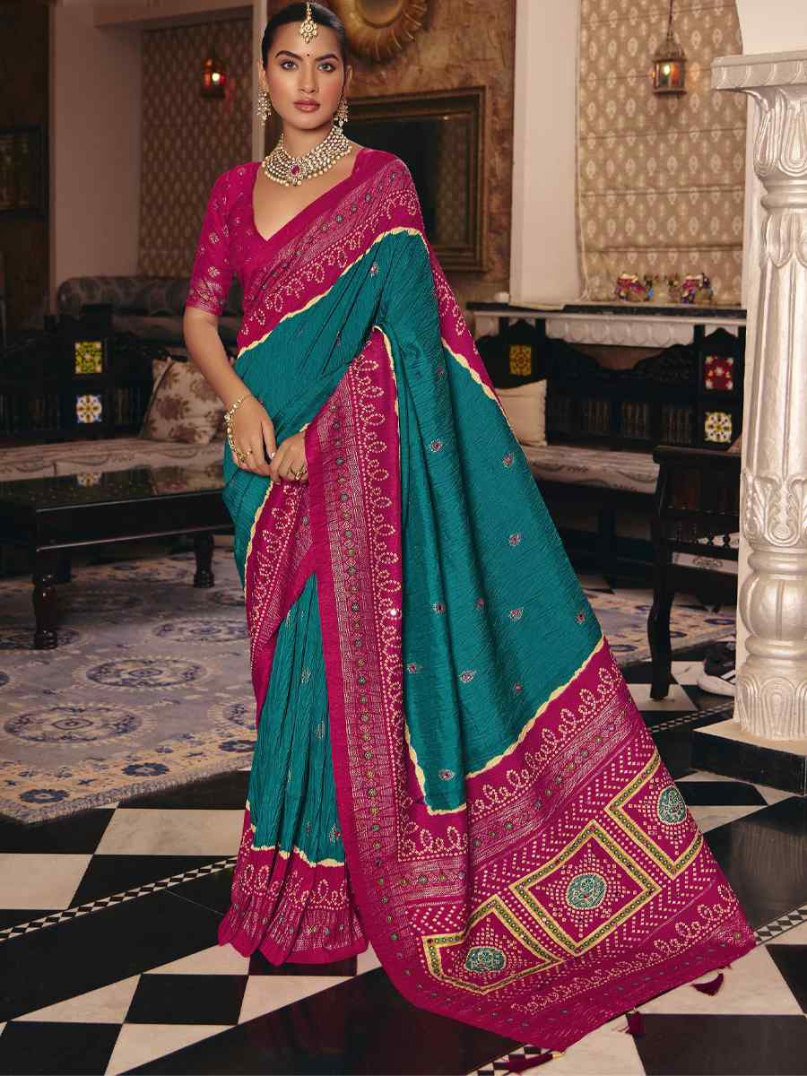 Teal Blue Crush Silk Prined Bridal Reception Festival Wedding Fancy Heavy Border Saree