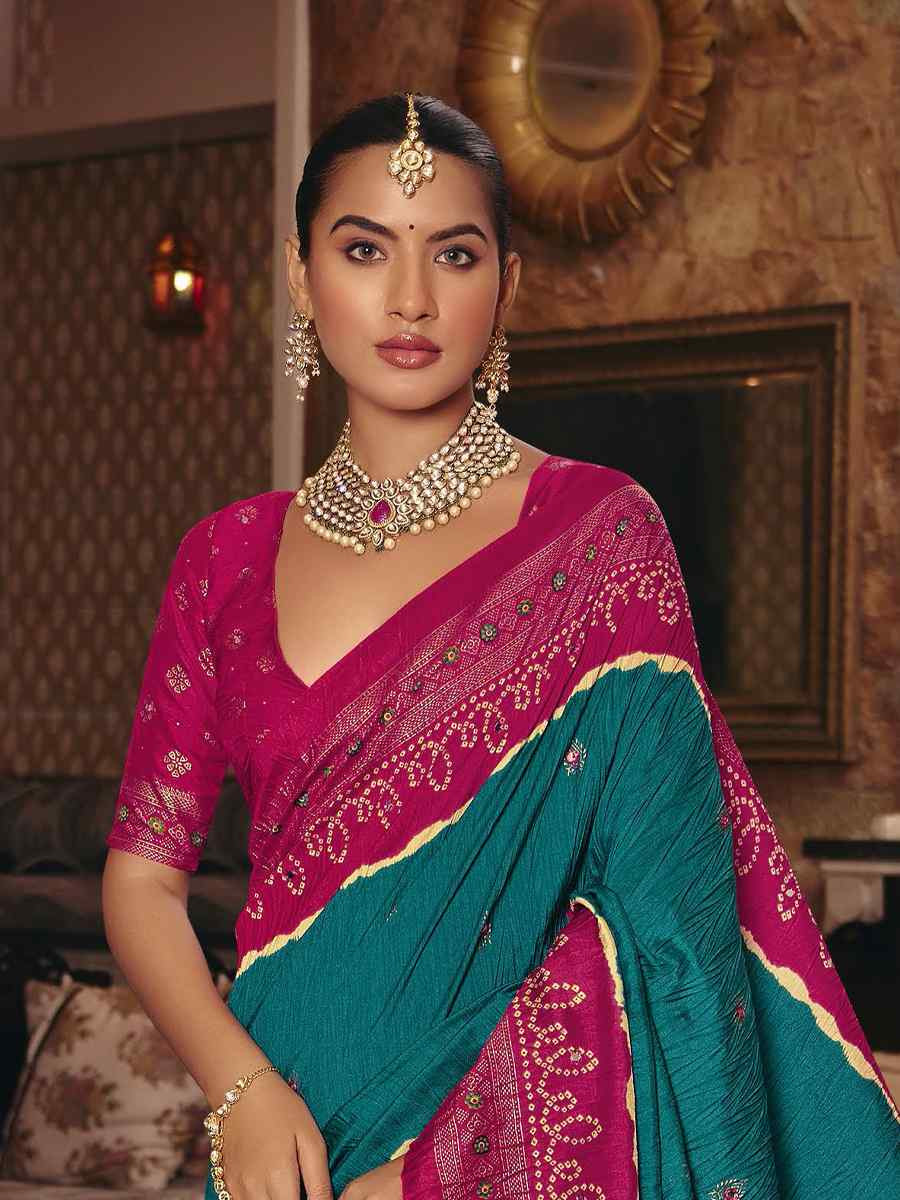 Teal Blue Crush Silk Prined Bridal Reception Festival Wedding Fancy Heavy Border Saree