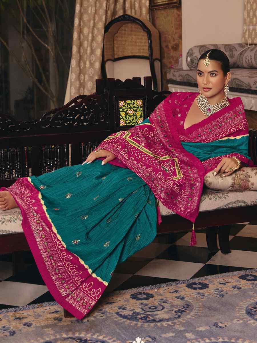 Teal Blue Crush Silk Prined Bridal Reception Festival Wedding Fancy Heavy Border Saree