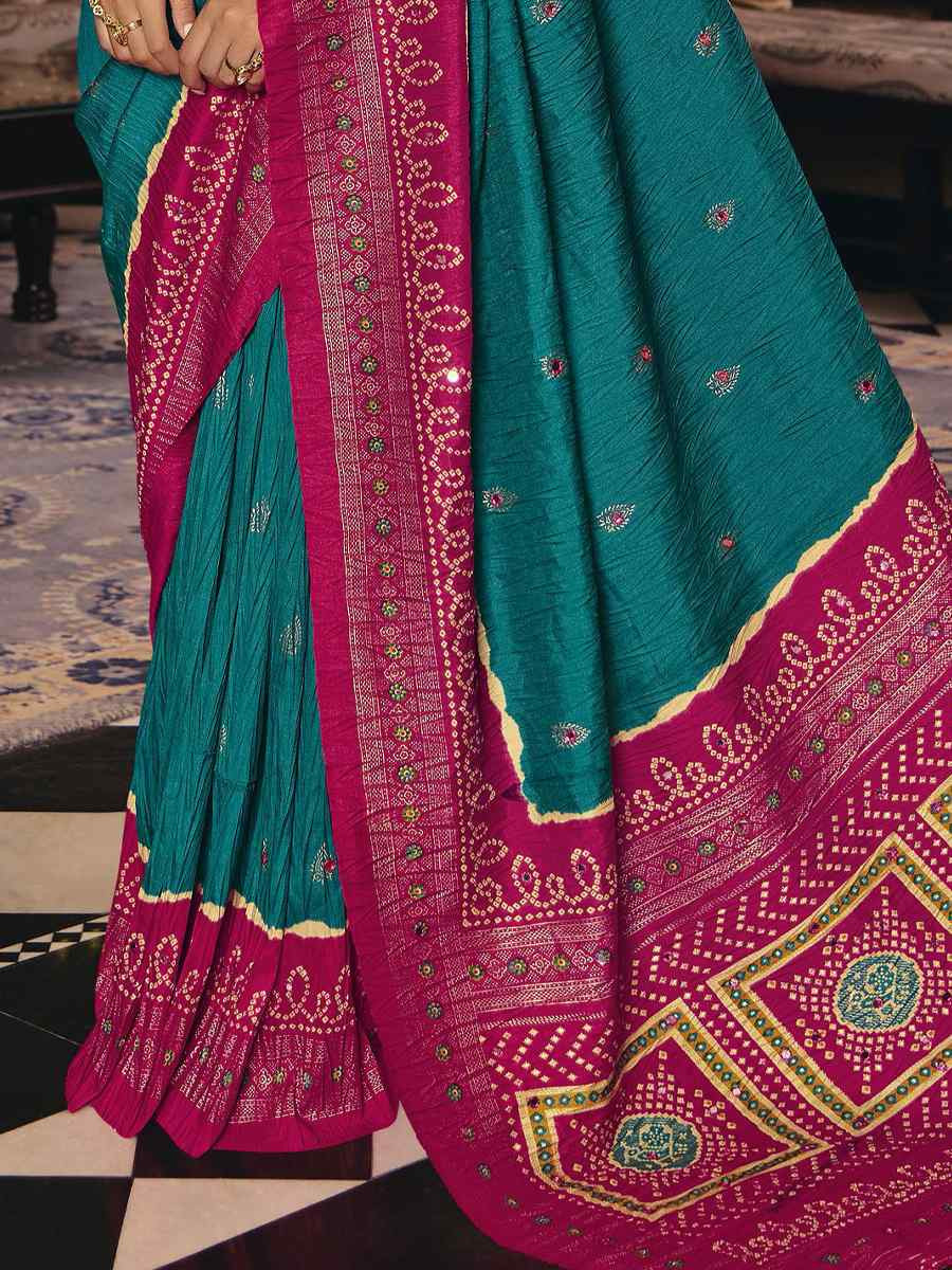 Teal Blue Crush Silk Prined Bridal Reception Festival Wedding Fancy Heavy Border Saree