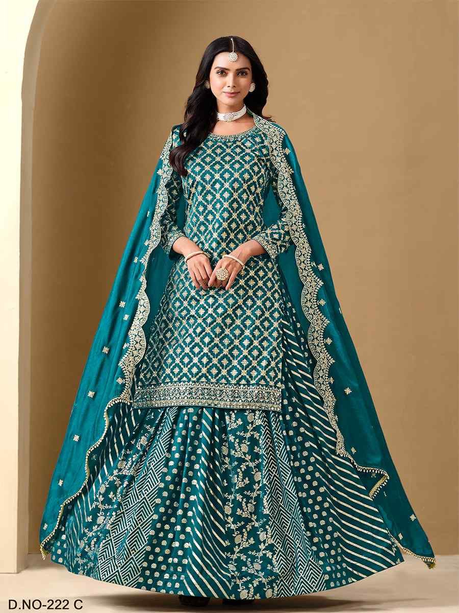 Teal Blue Dola Jacquard Embroidered Reception Wedding Kurti Lehenga Choli