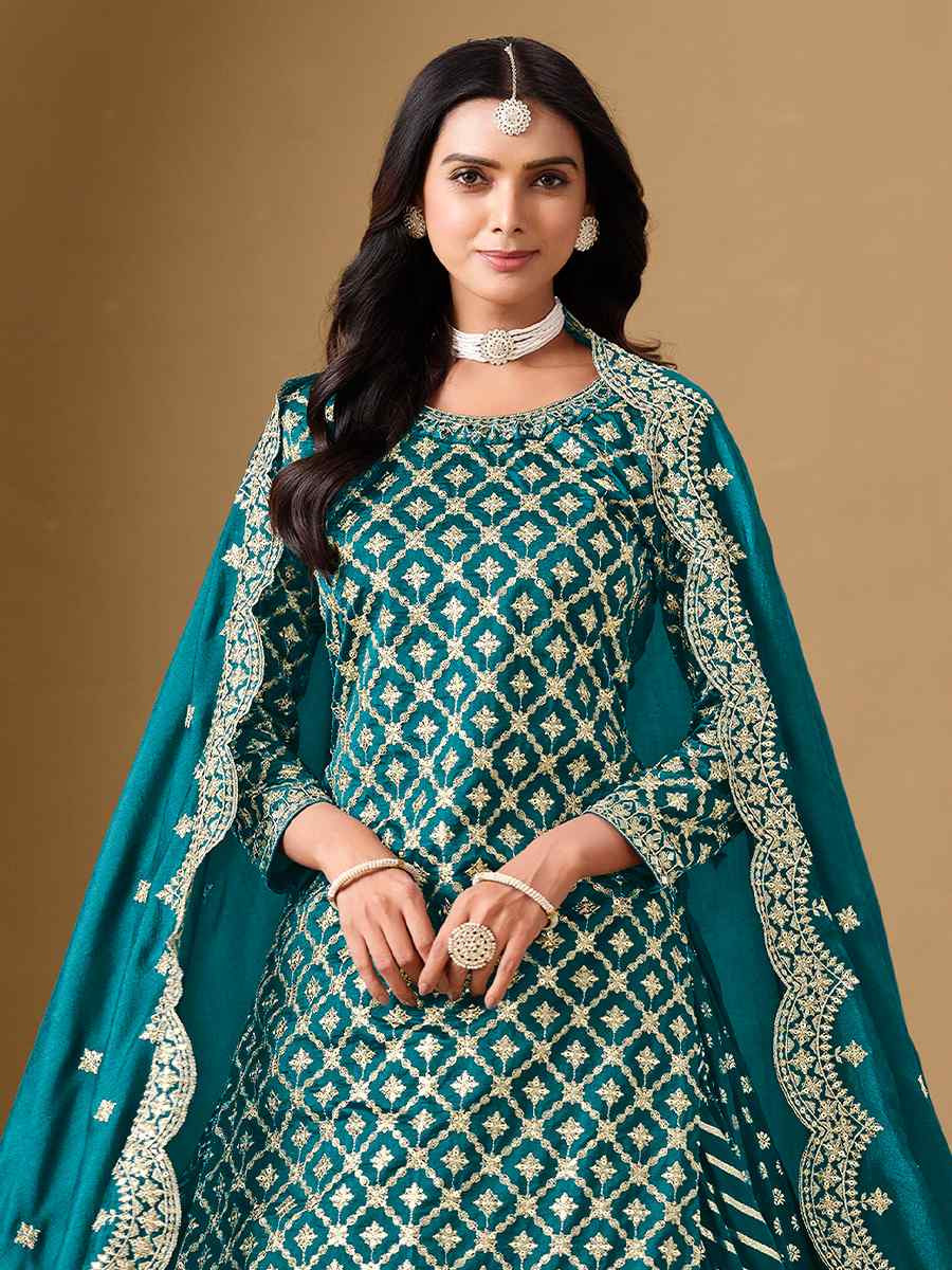 Teal Blue Dola Jacquard Embroidered Reception Wedding Kurti Lehenga Choli