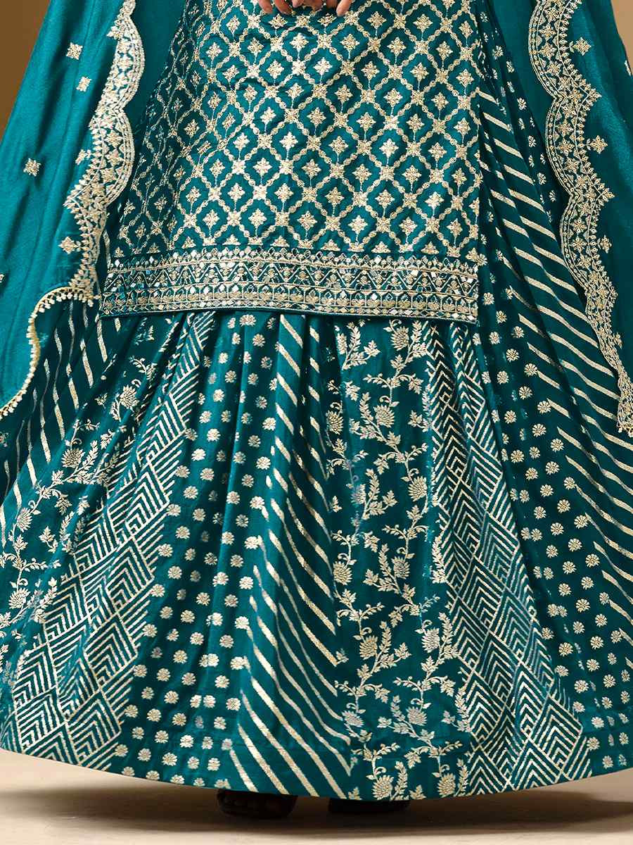 Teal Blue Dola Jacquard Embroidered Reception Wedding Kurti Lehenga Choli